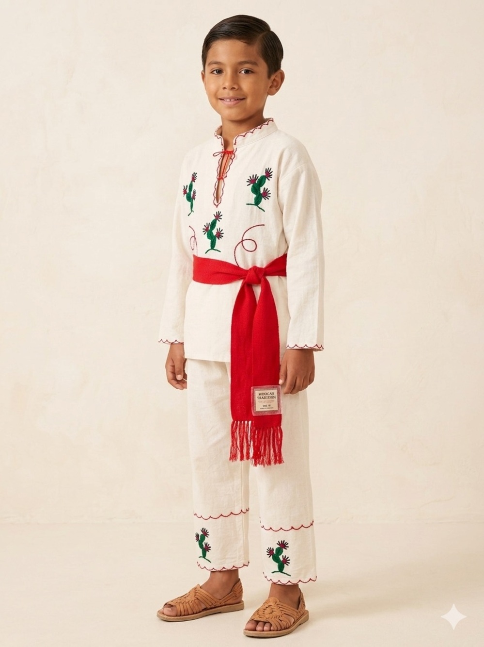 Hand Crafted Cream & Red Embroidered Kids Costume Set